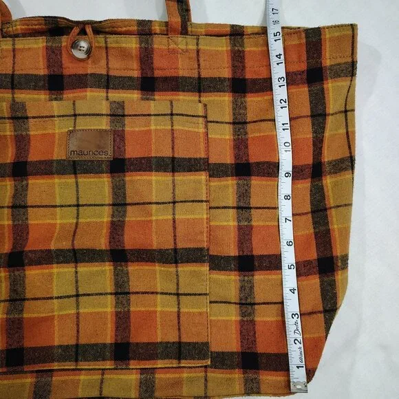 Maurices Plaid Flannel Tote Bag Button Closure Front Pocket Striped Lining - Picture 11 of 16